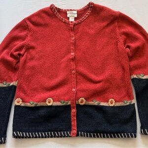 Vintage Christopher & Banks Red Black Cardigan Floral Details Hand Embroidered